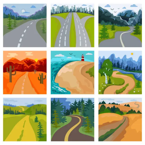 Vector illustration of Road landscape vector roadway in forest and cityscape highway or roadside way to field lands with grass and trees in countryside illustration set of traveling in country or seaside