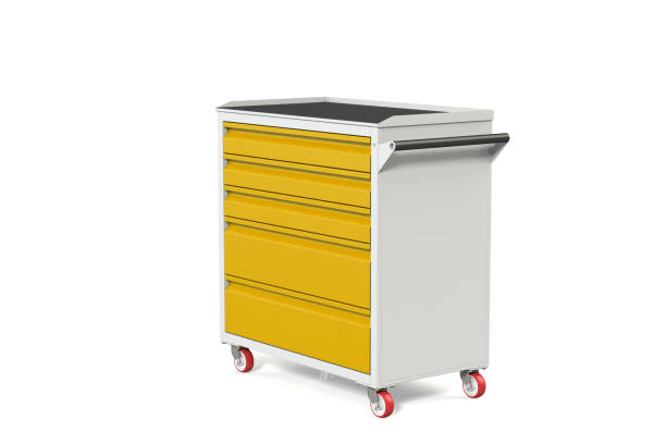 istock Metal tool cabinet-table on wheels with drawers. A convenient place for storing tools and spare parts. Service Garage Tools Box. 3D-model rendering of the table for shooting from above. 1008392822
