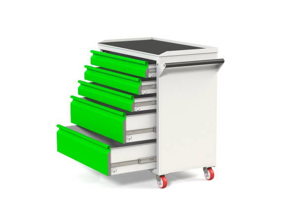 istock Metal tool cabinet-table on wheels with drawers. A convenient place for storing tools and spare parts. Service Garage Tools Box. 3D-model rendering of the table for shooting from above. 1008392904