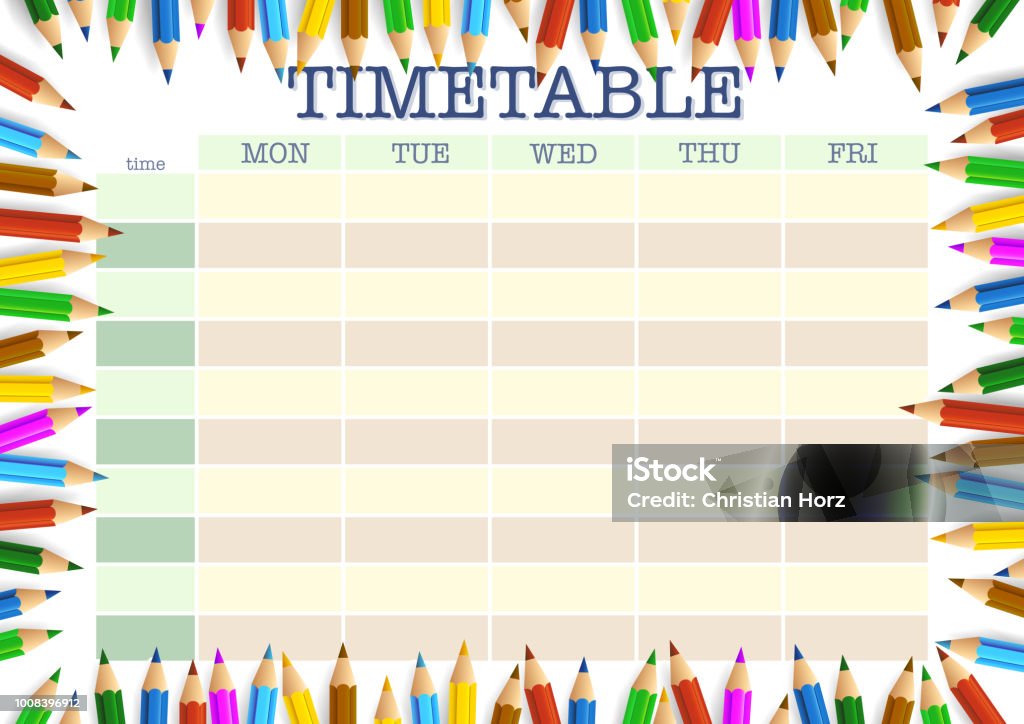 school timetable surrounded by colored pencils template school timetable surrounded by colored pencils template vector illustration Arrangement stock vector