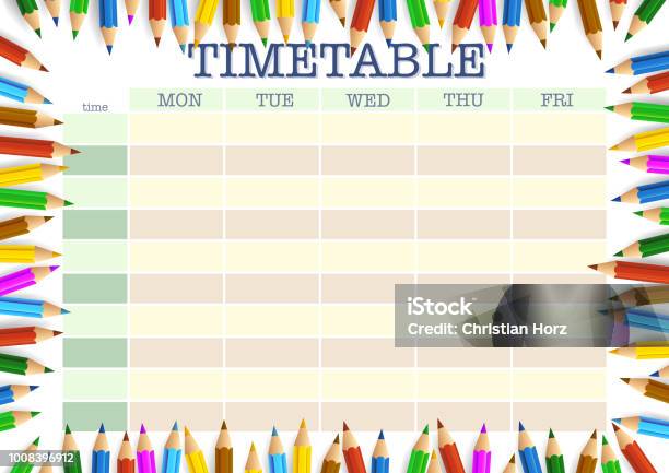 School Timetable Surrounded By Colored Pencils Template Stock Illustration - Download Image Now