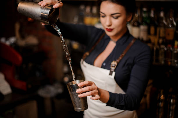 istock Girl transfusing drink from one steel cocktail shakers to another 1008401718