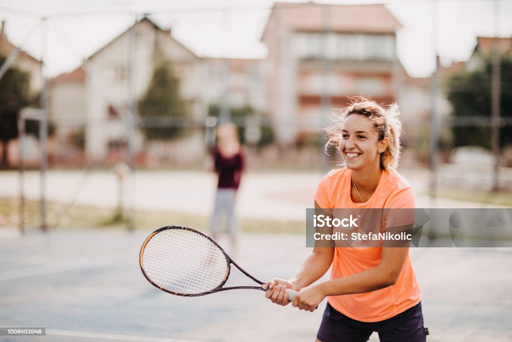 Womens doubles match tennis volley Tennis Stock Photo