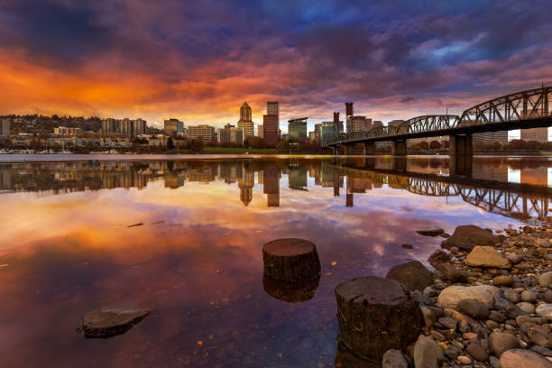 A beautiful sunset over downtown Portland Oregon waterfront along Willamette River from Eastbank Esplanade