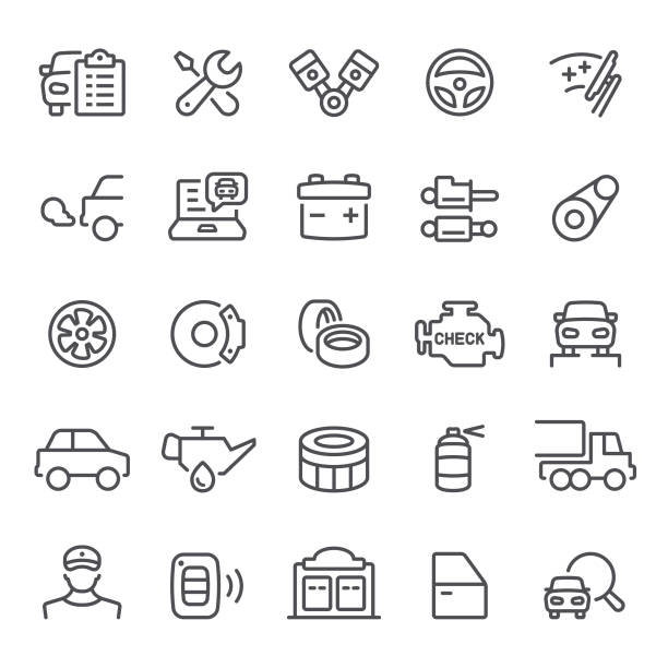 ilustraciones, imágenes clip art, dibujos animados e iconos de stock de auto servicio los iconos - garaje de reparación