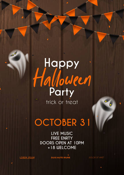 Halloween party flyer invitation template Halloween party flyer invitation template. Vector illustration with realistic black and orange garlands, confetti and ghosts on wooden texture. Invite to nightclub. spider on flower stock illustrations