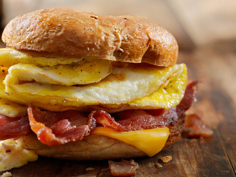 Gluten Free Bagel, Breakfast Sandwich with Bacon, Eggs and Cheese