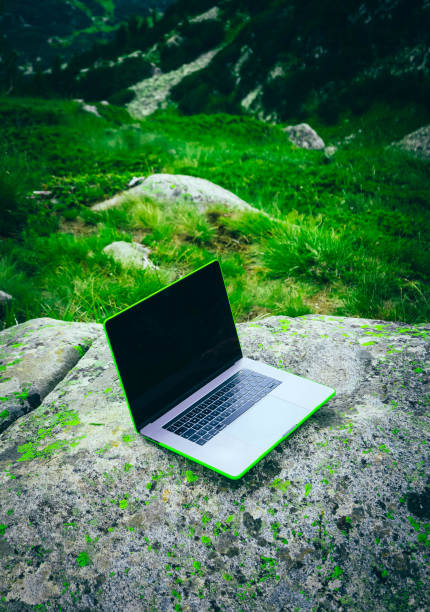 istock Laptop computer at the natural mountain background. Photo depicts notebook computer in the alpine heights. Freelance concept. 1008446650