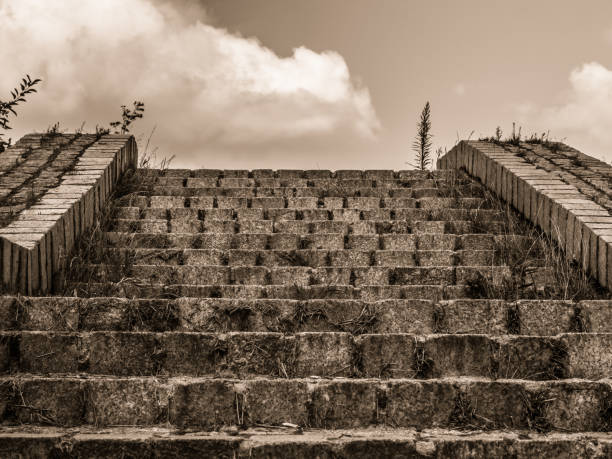 old stone stairs in the park and the sky background