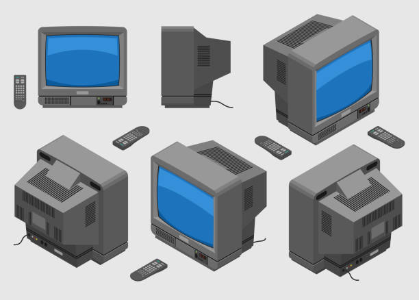 Old fashioned gray TV with remote control Old fashioned gray TV with remote control; Isometric television set with blue screen shown from different sides flat design; old remote control stock illustrations