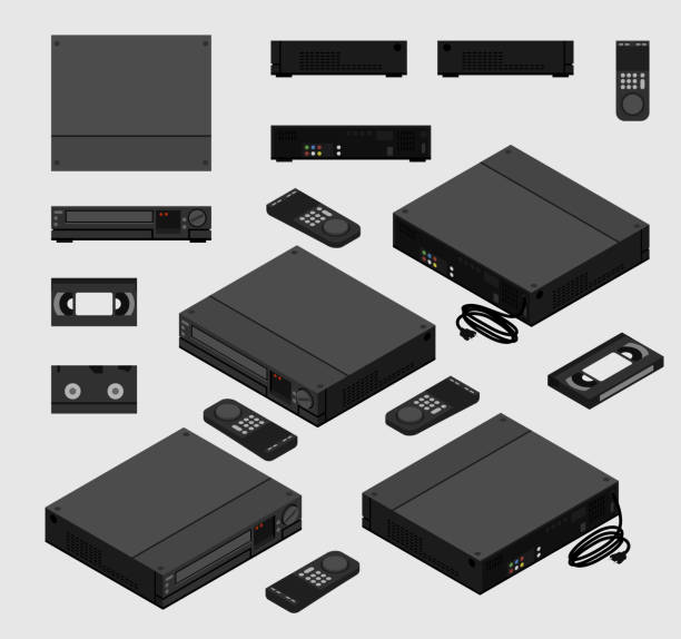 ilustrações de stock, clip art, desenhos animados e ícones de old video cassette recorder with remote control and vhs tape shown from different sides flat design; - remote television movie box