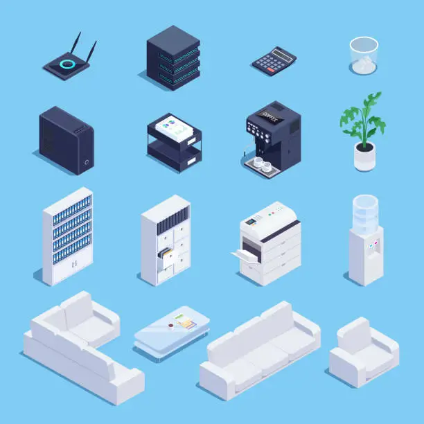 Vector illustration of Isometric set of office equipment and furniture.