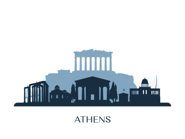 ilustraciones, imágenes clip art, dibujos animados e iconos de stock de horizonte de atenas, silueta monocromo. ilustración de vector. - greece athens greece parthenon acropolis