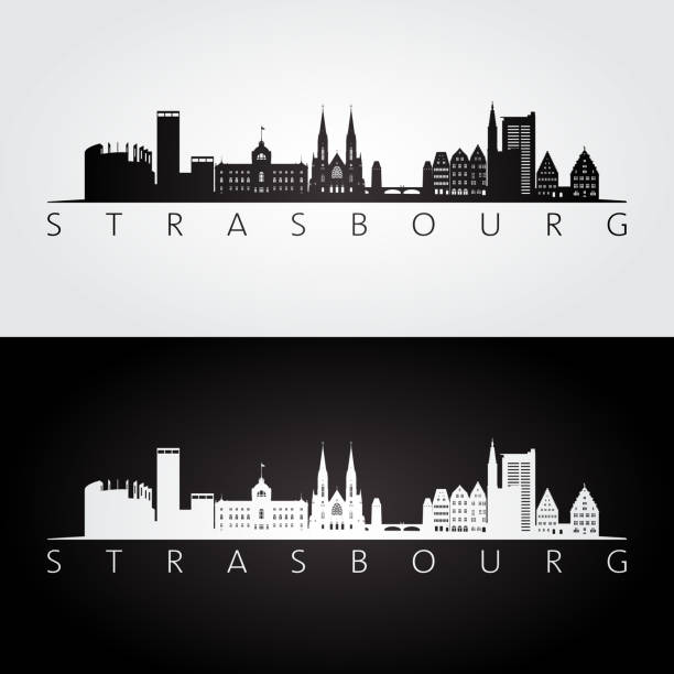 ilustraciones, imágenes clip art, dibujos animados e iconos de stock de silueta de horizonte y puntos de referencia de strasbourg, diseño blanco y negro, vector de ilustración. - european culture architecture strasbourg france alsace