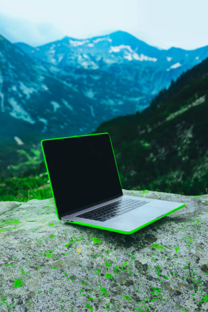 istock Laptop computer at the natural mountain background. Photo depicts notebook computer in the alpine heights. Freelance concept. 1008455120