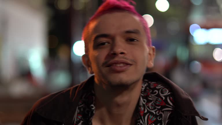 Pink Hair Guy Portrait in the city at night