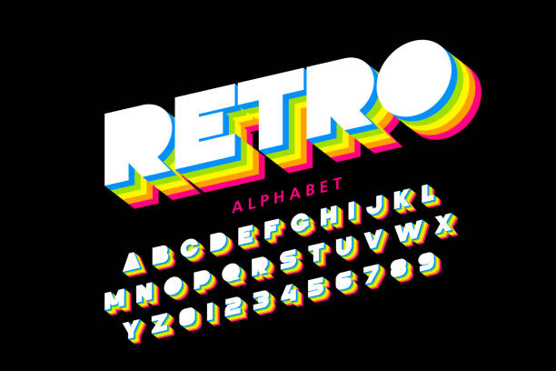 Colorful retro font Colorful retro font, 80s style alphabet letters and numbers, vector illustration 1990s style stock illustrations