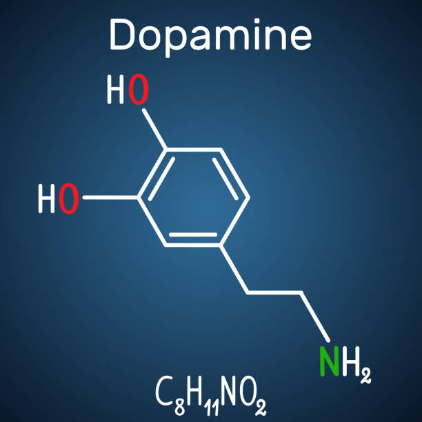 illustrazioni stock, clip art, cartoni animati e icone di tendenza di molecola di dopamina (da). formula chimica strutturale e modello di molecola sullo sfondo blu scuro - phenethylamine