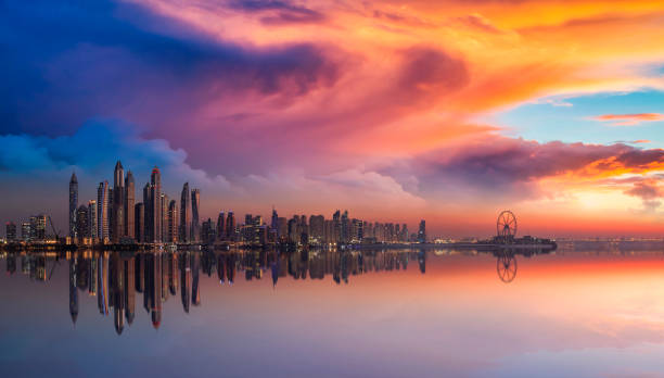 istock Panorama of Dubai Marina skyline at sunset with a beautiful dramatic sky 1008462058