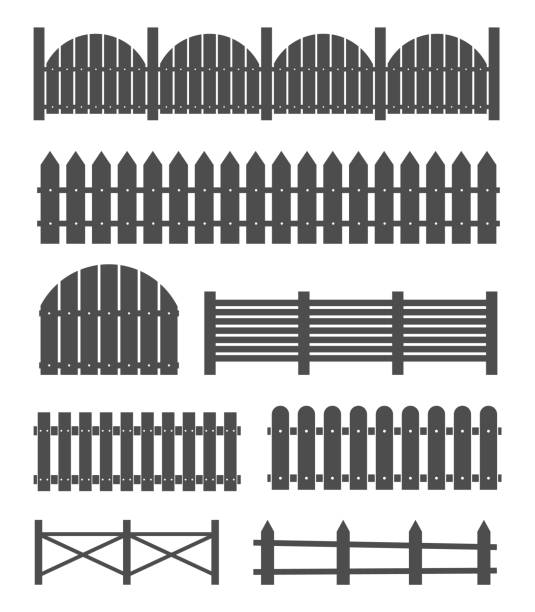 農村の木製フェンス、ピケットの背景に分離の創造的なベクトル イラスト。アート デザイン。庭のシルエットの壁。抽象的な概念グラフィック要素 - non urban scene silhouette fence gate点のイラスト素材／クリップアート素材／マンガ素材／アイコン素材
