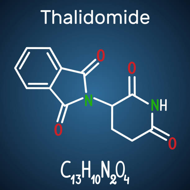 ilustrações de stock, clip art, desenhos animados e ícones de thalidomide molecule. is used as a treatment of multiple myeloma and of leprosy. structural chemical formula and molecule model on the dark blue background - hydrogen molecule white molecular structure