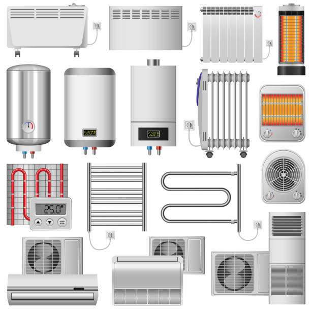 illustrazioni stock, clip art, cartoni animati e icone di tendenza di set di mockup del dispositivo di riscaldamento elettrico, stile realistico - radiator