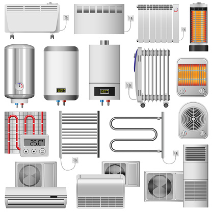 electric heater radiator mockup set. Realistic illustration of 16 electric heater radiator mockups for web