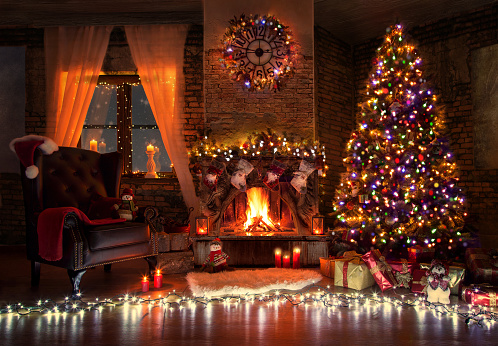 Beautiful Living Room With Fire Place Decorated For Christmas Stock Photo -  Download Image Now - iStock
