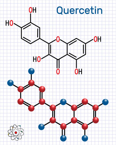 ケルセチン (フラボノイド) 分子。構造化学式と分子モデル。檻の中の紙のシート - quercetin点のイラスト素材／クリップアート素材／マンガ素材／アイコン素材