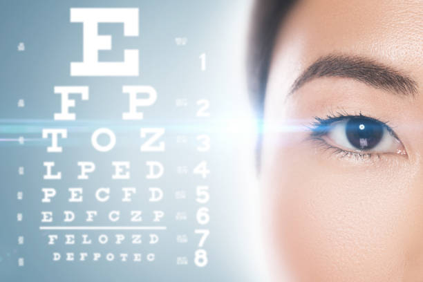 Ophthalmology - Asian woman and eye chart for sight test.