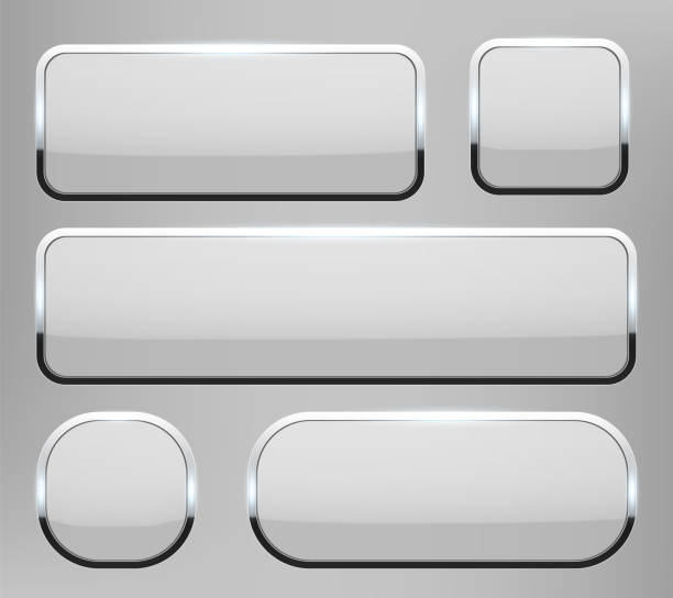 творческая векторная иллюстрация белых 3d стеклянных кнопок с хромированной рамой с тенью, падающей изолированной на прозрачном фоне. худо� - ellipse chrome banner sign stock illustrations