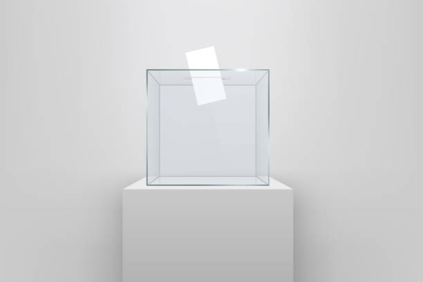 illustrations, cliparts, dessins animés et icônes de illustration de vecteur créatif de réaliste urne transparente vide avec papier en trou isolé sur fond de vote. art design verre affaire est sur le socle de musée, scène et podium 3d. graphique de la notion - pedestal museum art museum podium