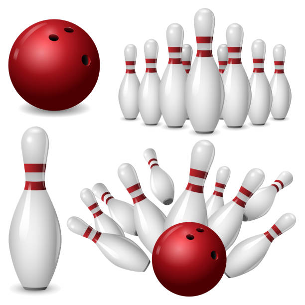 Bowling kegling mockup set, realistic style Bowling kegling mockup set. Realistic illustration of 4 bowling, kegling mockups for web bowling strike stock illustrations