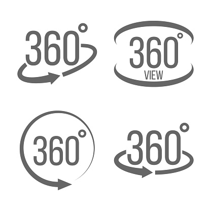 Creative vector illustration of 360 degrees view related sign set isolated on transparent background. Art design. Abstract concept graphic rotation arrows, panorama, virtual reality helmet element.