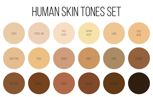 Creative vector illustration of human skin tone color palette set isolated on transparent background. Art design. Abstract concept person face, body complexion graphic element for cosmetics.