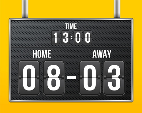 Creative vector illustration of soccer, football mechanical scoreboard isolated on transparent background. Art design retro vintage countdown with time, result display. Concept graphic sport element.