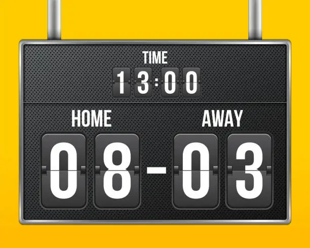 Vector illustration of Creative vector illustration of soccer, football mechanical scoreboard isolated on transparent background. Art design retro vintage countdown with time, result display. Concept graphic sport element