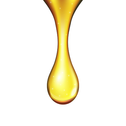 Creative vector illustration of realistic olive fuel golden liquid, yellow oil drop, sparkling collagen, honey isolated on transparent background. Art design. Abstract concept graphic element.