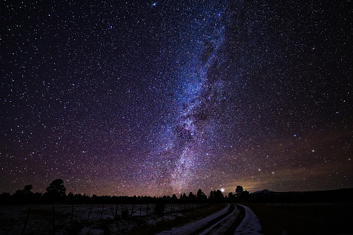 Milky Way Galaxy - Dirt road in winter with snow leading off into the distance. Scenic night astrophotography scenic landscape.