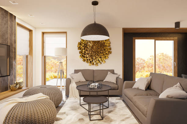 istock 3d render modern living room interior design with big panoramic windows 1008495526
