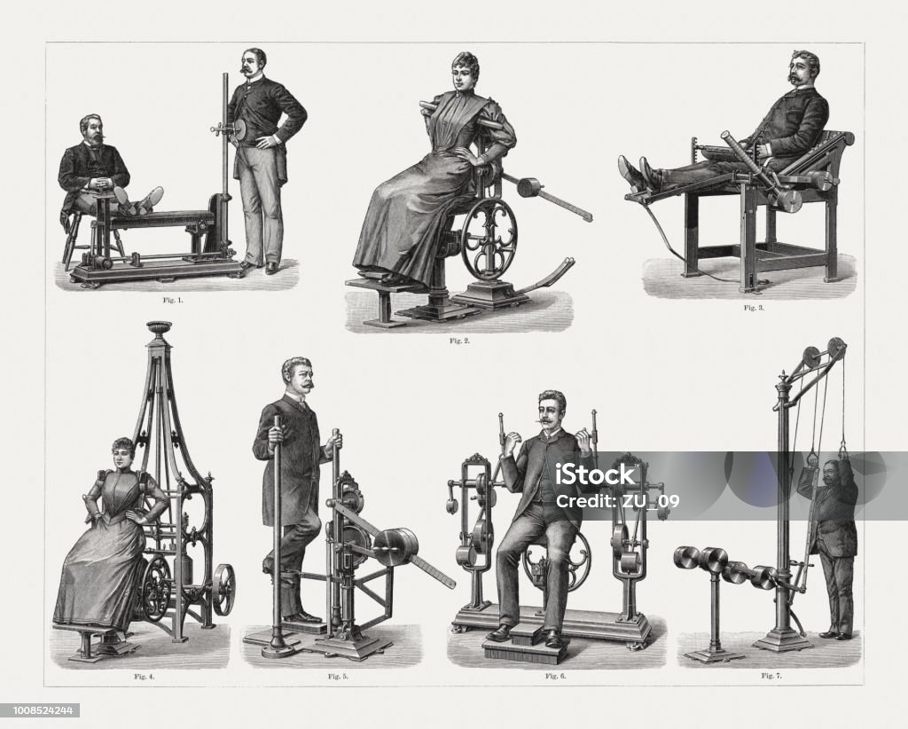 Dispositivi storici per il supporto della ginnastica correttiva, pubblicati nel 1897 - Illustrazione stock royalty-free di Esercizio fisico