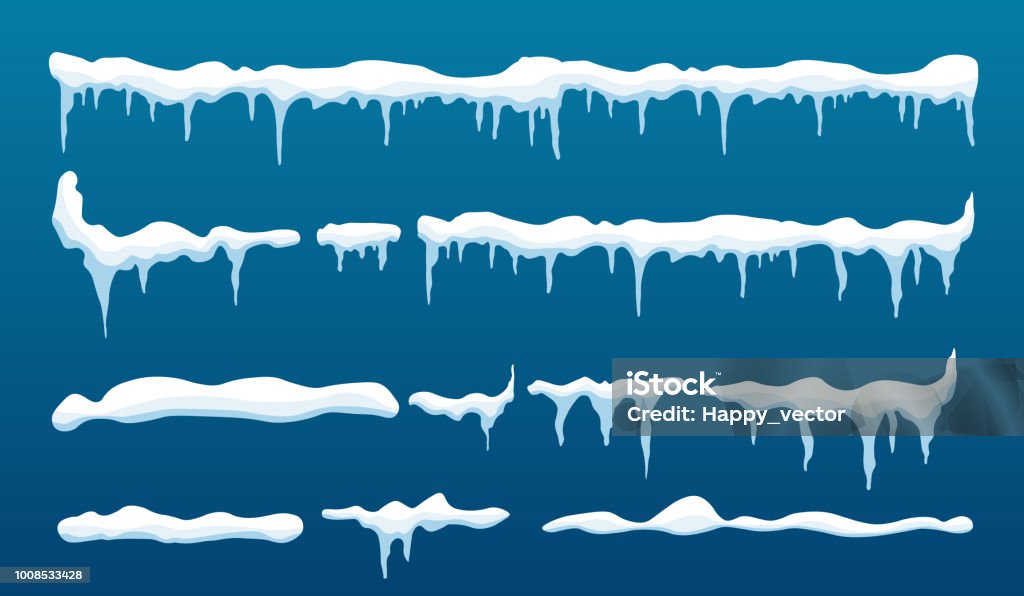 Creative vector illustration of ice icicle, caps, snowflakes set isolated on background. Winter snow clouds template art design. Snowy frame decoration. Graphic element. New year. Merry cristmas Creative vector illustration of ice icicle, caps, snowflakes set isolated on background. Winter snow clouds template art design. Snowy frame decoration. Graphic element. New year. Merry cristmas. Snow stock vector