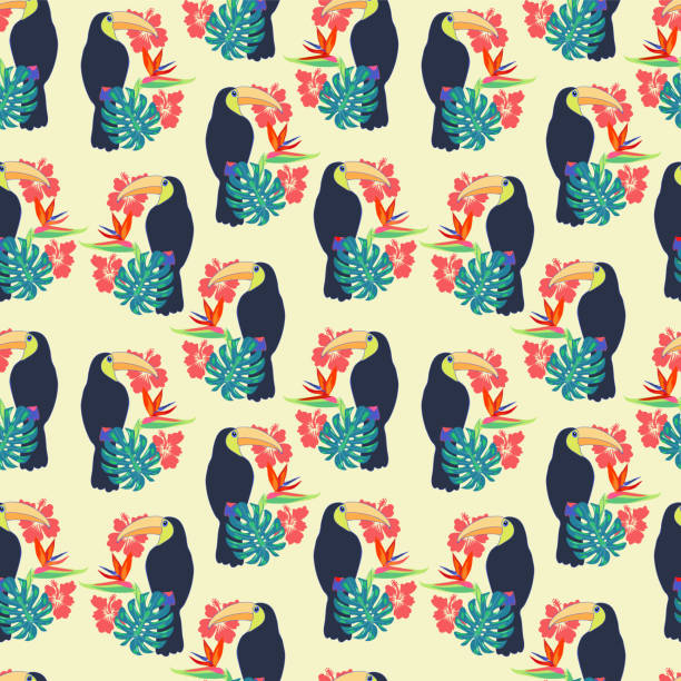 istock Tropical plants with toucan bird of paradise and hibiscus flowers 1008536618