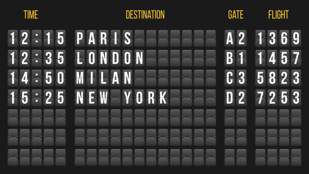 現実的なフリップ スコアボードの創造的なベクトル イラスト、到着空港ボード アルファベット、数字を透明な背景に分離されました。アート デザイン。アナログ時刻表フォントです。コン - concourse点のイラスト素材／クリップアート素材／マンガ素材／アイコン素材