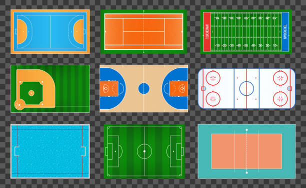 ilustrasi vektor kreatif bidang permainan olahraga menandai terisolasi di latar belakang. elemen grafis untuk bola tangan, tenis, sepak bola amerika, sepak bola, bisbol, bola basket, hoki, polo air, bola voli - badminton court ilustrasi stok