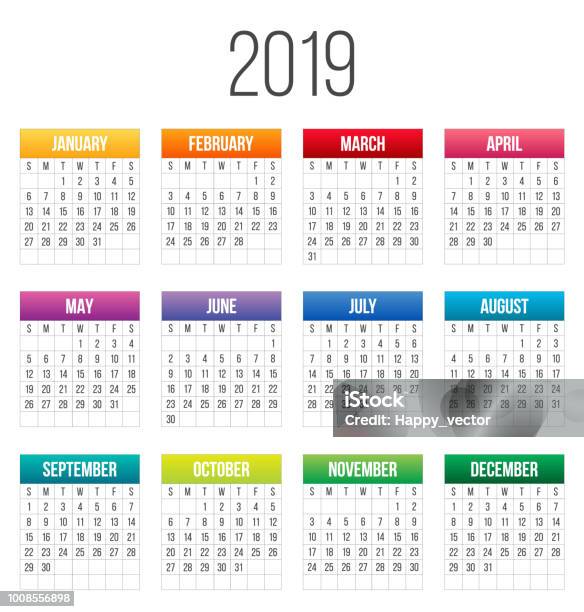 Creative Vector Illustration Of 2019 Year Colorful Calendar Isolated On Transparent Background Art Design Blank Mockup Template Event Planner Week Starts Sunday Abstract Concept Graphic Element Stock Illustration - Download Image Now