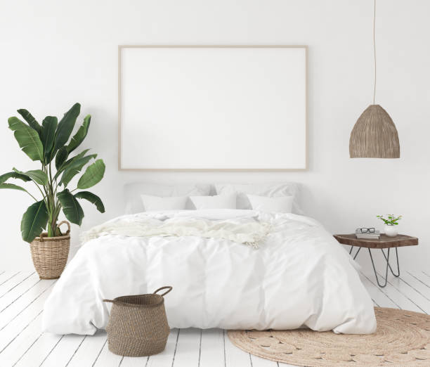 cornice poster mock-up in camera da letto, stile scandinavo - poster bed foto e immagini stock