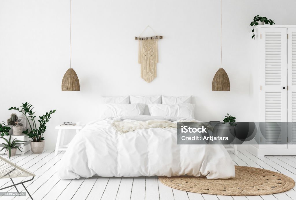 Camera da letto in stile Scandi-boho - Foto stock royalty-free di Camera da letto