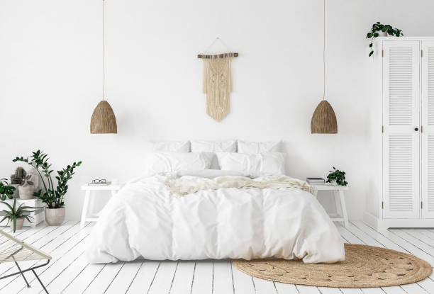 camera da letto in stile scandi-boho - pillow case foto e immagini stock