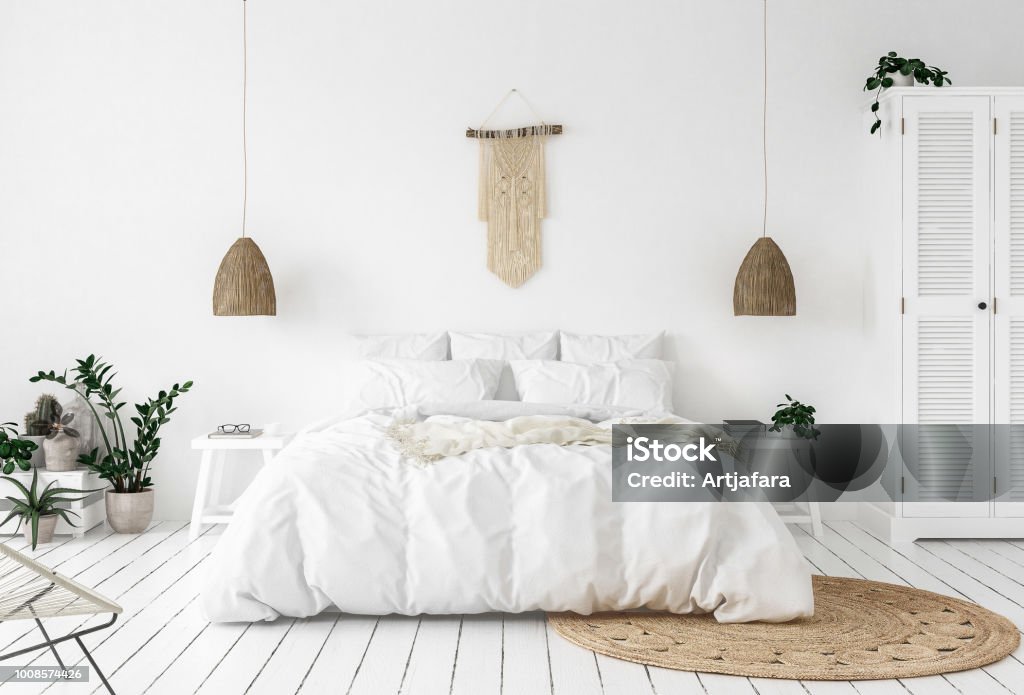 Scandi-boho style bedroom Scandi-boho style bedroom, 3d render Bedroom Stock Photo